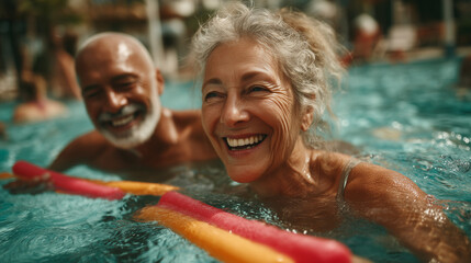 Elderly couple smiling while swimming in a pool on a sunny day  