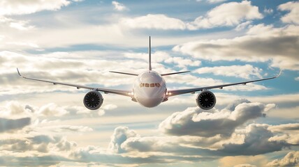 Modern passenger jet airplane flying directly towards camera through dramatic cloudy sky at sunset with warm light