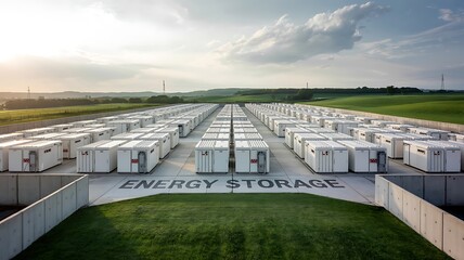 Expansive modern battery energy storage facility with rows of white containers under a cloudy sky at sunset