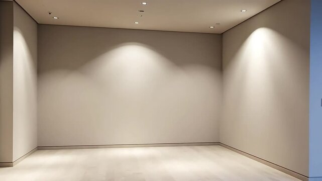 Empty room with beige walls and ceiling lights creating spotlights on the walls and floor