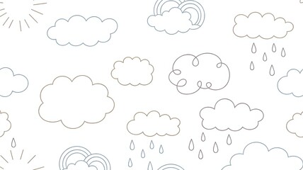 Whimsical hand drawn seamless pattern of fluffy clouds and sun rays on a white background