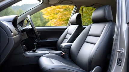 Advice for broke relationships concept. Car interior featuring stylish leather seats and natural lighting from outside.