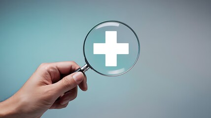 Obraz premium Close up of a hand holding a magnifying glass over a white plus symbol against a soft blue background representing healthcare research and medical examination