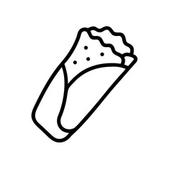 Black and White Outline Fast Food and Street Food Icons &mdash; Burger, Hot Dog, Pizza Slice, Whole Pizza, Taco, Sandwich, French Fries, Fried Chicken Drumstick, Sushi Roll, Noodles in Takeout Box, Kebab Sk