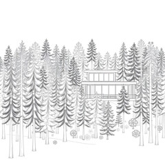 Fototapeta premium A detailed architectural drawing of a dense forest elevation, featuring a variety of deciduous and coniferous trees with intricate line work and fine textures.