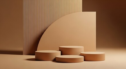 Photo of minimal beige podiums with wooden panel for product display and presentation
