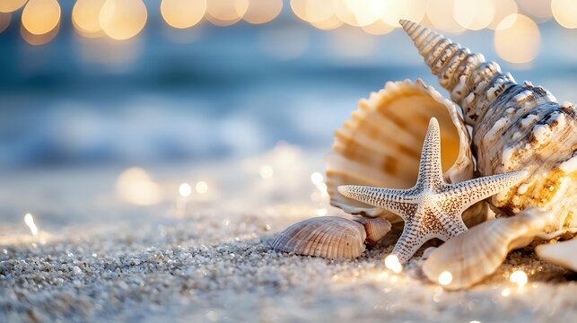 Starfish and seashells on sandy beach at sunset with golden bokeh lights and ocean waves in background, summer vacation concept.