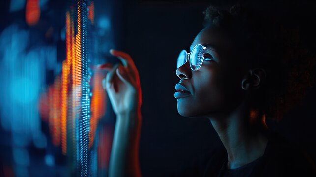 Focused Visionary at Work: A contemplative professional, absorbed in data analysis and technical insight, her gaze fixed with purpose and intelligence.