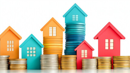 Colorful house models stand on stacks of gold and silver coins symbolizing economic housing investment and financial growth in suburban real estate with bright white background