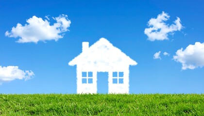 Dream Home Concept: House Shaped Cloud on a Sunny Day with Green Grass