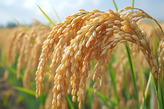 Golden rice panicles bending with ripe grains against blurred paddy field background, closeup view showing detailed texture of mature rice crop ready for harvest.