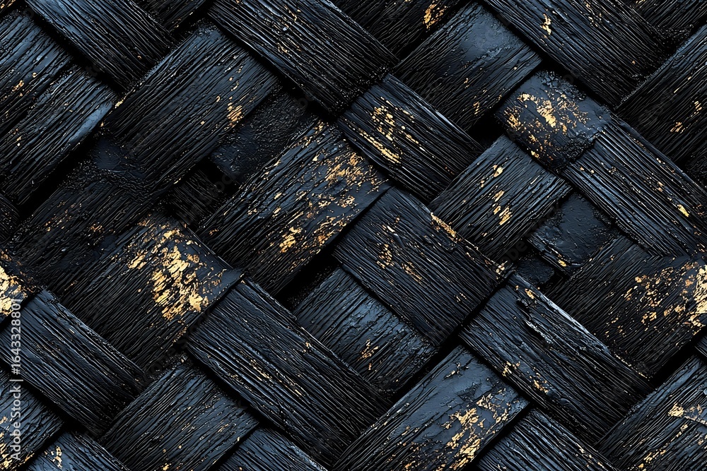Aufkleber weathered black wooden planks in diagonal pattern with distressed gold accents creating rustic textu