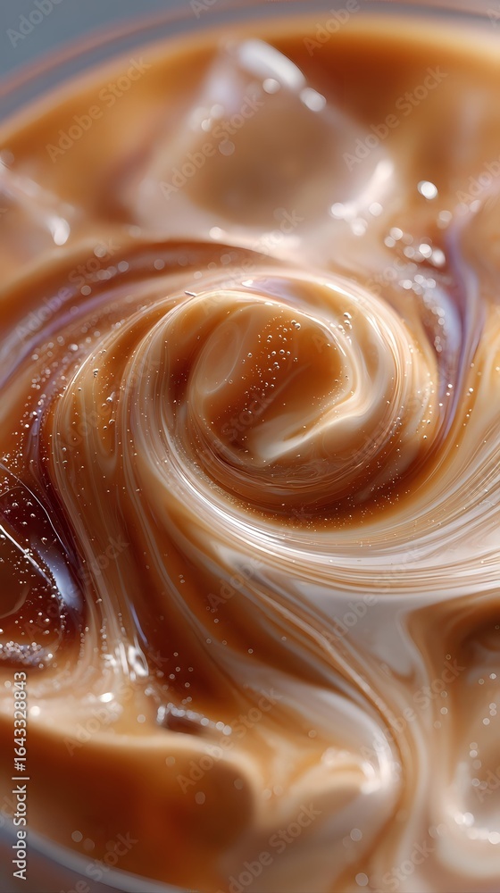 Poster creamy swirls of caramel and milk create mesmerizing patterns in iced coffee drink with floating ice