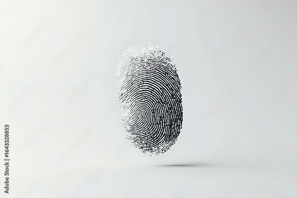 Poster Black fingerprint floating with shadow on white background, minimalist security concept for identity verification and biometric authentication systems.