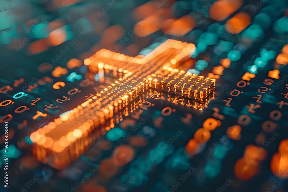 Aufkleber glowing cross shape formed by electronic circuit components on digital background with binary code, 