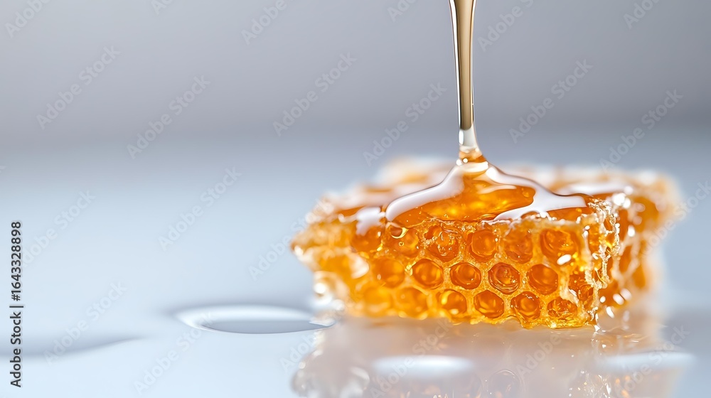 Poster golden honey dripping from spoon onto fresh honeycomb piece with hexagonal pattern structure, close-