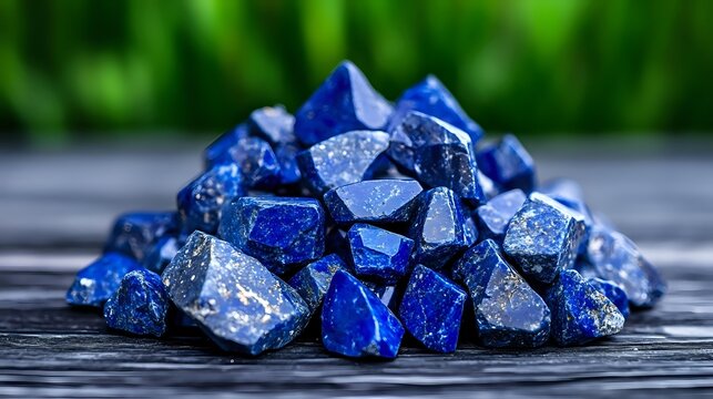 Raw lapis lazuli crystals on dark wooden surface with natural light and bokeh background, showcasing deep blue color and crystalline structure.