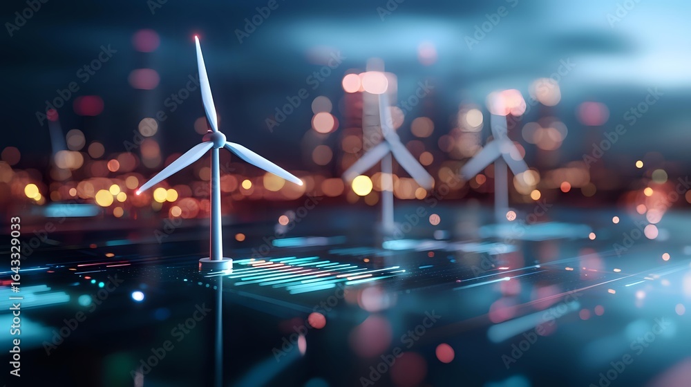 Poster wind turbines on digital surface with glowing circuit patterns and city lights in background, repres