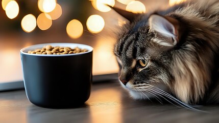 Long-haired gray tabby cat looking at bowl of dry food against blurred warm bokeh lights background, creating cozy domestic atmosphere.