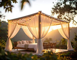 Romantic Sheer Canopy Bed Retreat Sun-Kissed Serenity & Fairy Light Illumination