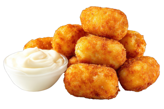 Crispy potato bites stacked high with creamy dip