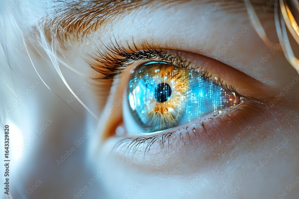 Aufkleber close-up macro shot of human eye with digital technology reflection showing futuristic cyber concept