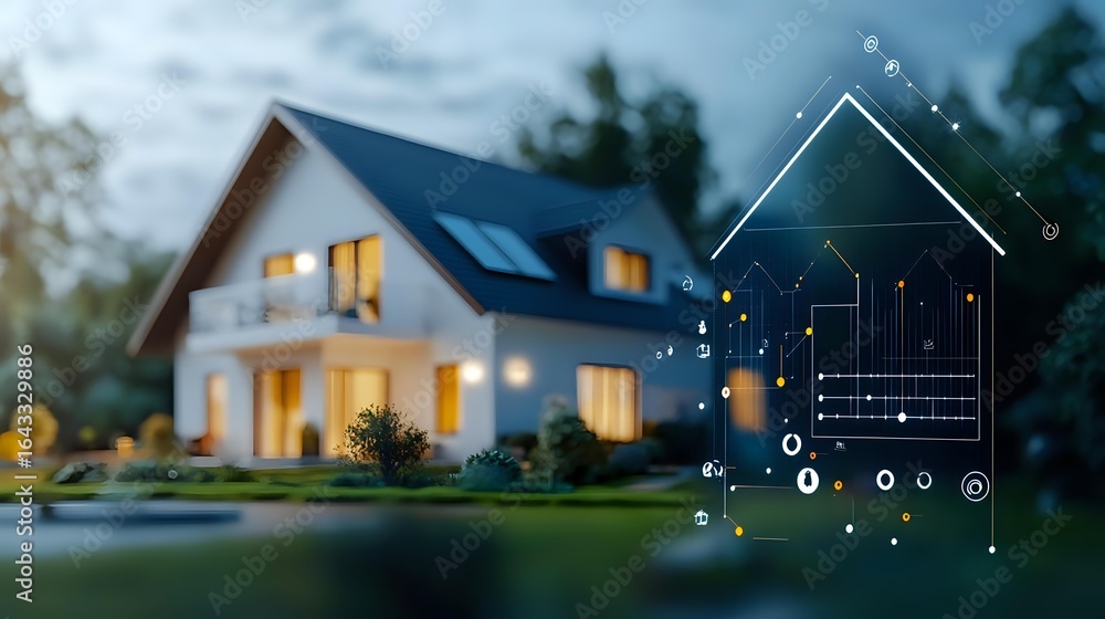 Aufkleber modern smart home with glowing windows at dusk, digital house outline overlay with connected dots an