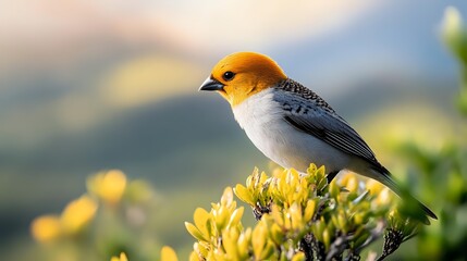 Orange-headed weaver bird perched on yellow flowering bush against soft blurred mountain landscape background in warm morning light.