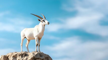 Obraz premium Majestic white addax antelope standing on rocky cliff against bright blue sky with white clouds, showcasing wildlife in natural habitat. Side view portrait.