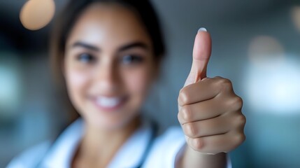 Young Asian female healthcare worker showing thumbs up gesture with confident smile against blurred hospital background, expressing positivity and approval.