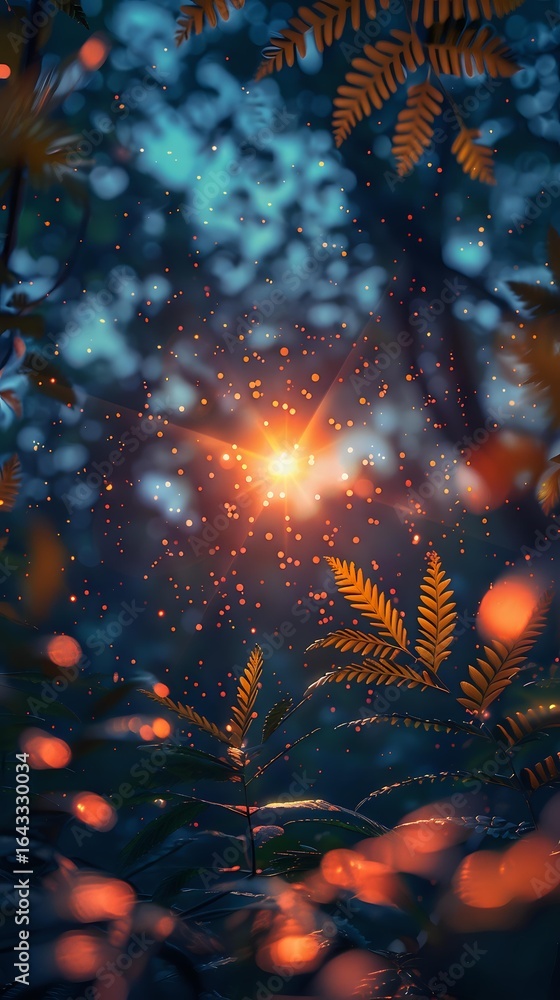 Poster magical forest scene with glowing orange sunburst through fern leaves, ethereal blue bokeh effect an