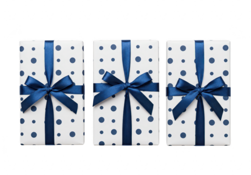 Three wrapped gift boxes with blue ribbon and bow, isolated on transparent background