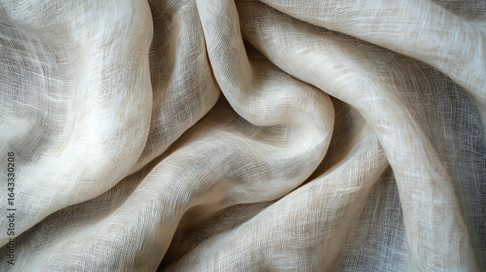 Poster soft beige linen fabric with natural wrinkles and folds creating gentle waves and shadows, showcasin