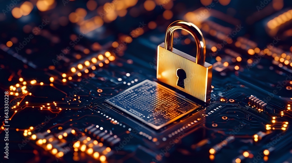 Poster golden padlock on computer circuit board with glowing elements represents digital security and data 