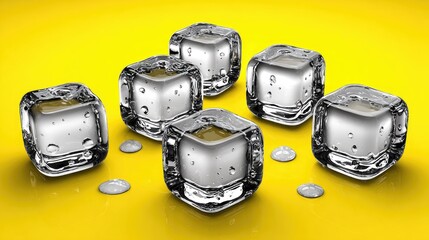 Clear ice cubes on a yellow surface.