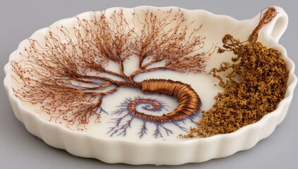 A decorative dish with a copper-wire tree design