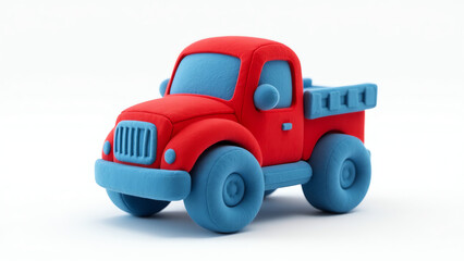 Handmade red and blue pickup truck crafted from modeling clay. A creative childhood toy vehicle isolated on a white background.