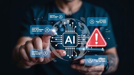 Futuristic ai technology concept with a glowing globe and digital interface displaying warning signs and data analytics