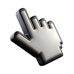 A threedimensional rendering of a white and black hand pointer cursor icon for clicking.