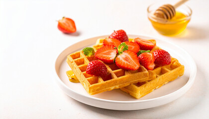 Golden croffle topped with honey drizzle and fresh strawberries, placed on a white ceramic plate, clean background, soft shadows, studio lighting, food photography aesthetic
