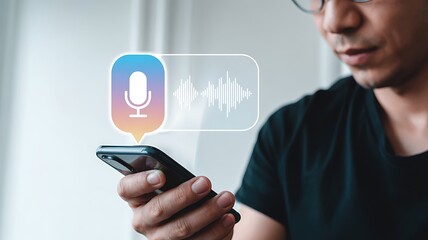 Man holding smartphone with glowing microphone icon and sound wave visualization indicating voice command technology