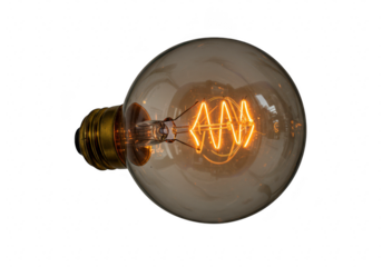 Vintage edison filament lightbulb isolated on transparent background, representing ideas, innovation, and energy