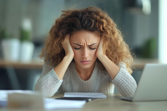 Frustrated woman struggling with work tasks in a modern office setting during the day - Powered by Adobe