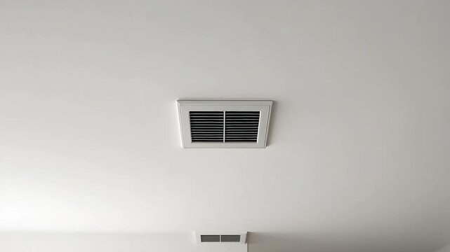 A close up of a white ceiling with an air vent in the center of the lower portion of the image