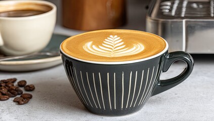 A rich latte art coffee, in a dark mug, with coffee beans
