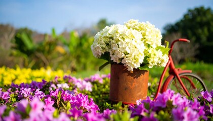 Red bicycle with rusty bucket of white flowers amidst colorful blooms
