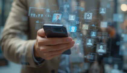 Social Media Connection: Mobile Phone User Engagement, Digital Networking, Online Interaction, Profile Icons, Virtual Communication