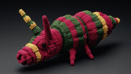 3D rendered creature, pixelated,  red, green, and yellow