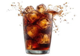 Dark drink with ice cubes splashing out of glass