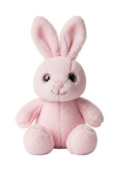 Obraz premium Cute pink fluffy plush bunny, large flopped ears, sweet stitched smile, button eyes, sitting upright, isolated on pristine transparent background, perfect studio lighting, evoking childhood innocence
